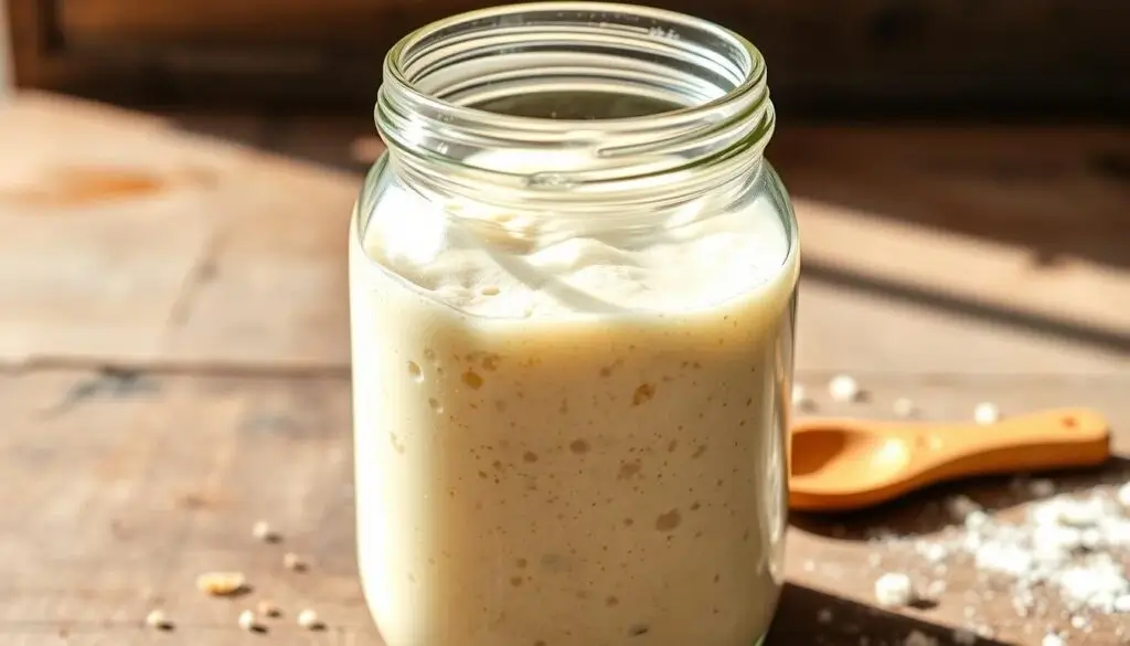 sourdough starter A jar of sourdough starter on a wooden surface with a small wooden spoon and some scattered flour.