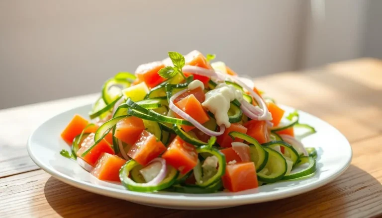A colorful cucumber salad with diced tomatoes, sliced cucumbers, red onions, and a dollop of mayonnaise on a white plate.