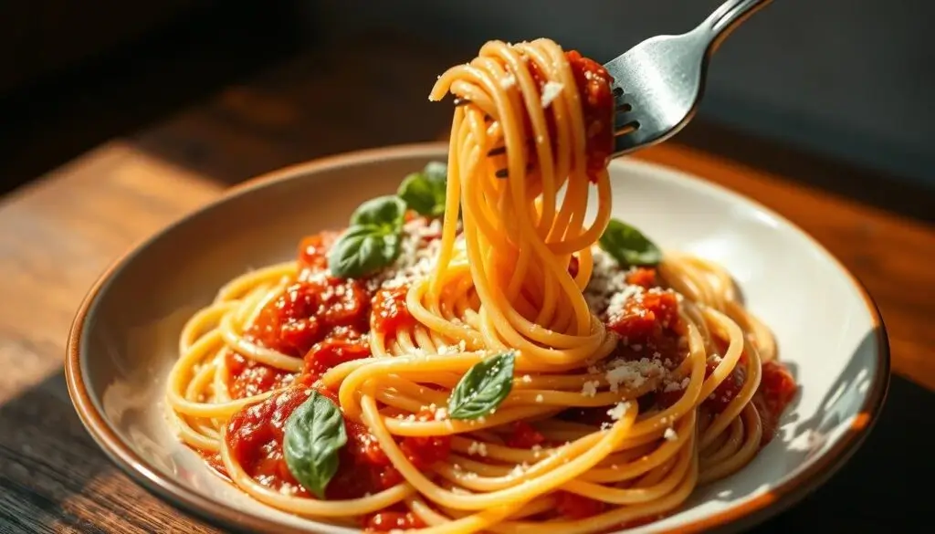tiktok spaghetti recipe A plate of spaghetti with tomato sauce, garnished with basil leaves and grated cheese, with a fork twirling some of the pasta.