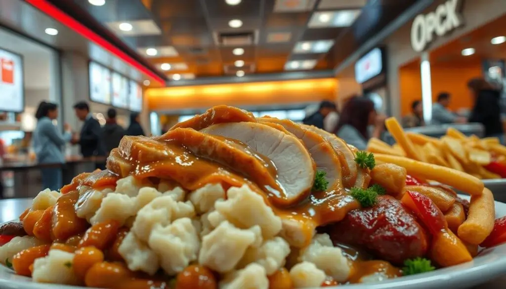 turkey dinner fast food Plate of mashed potatoes topped with roasted turkey slices and gravy, accompanied by vegetables, fries, in a busy fast-food restaurant setting.