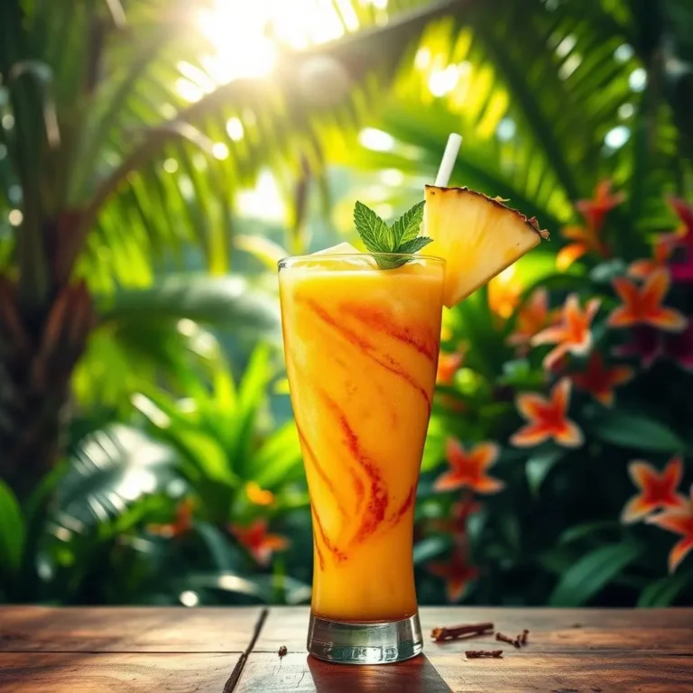 A vibrant tropical smoothie in a tall glass garnished with a pineapple slice and mint leaves, set against a lush green background with sunlight filtering through palm leaves.