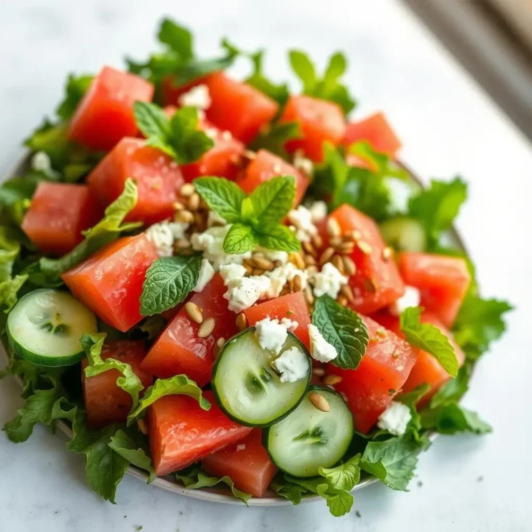 A vibrant salad featuring cubes of watermelon, slices of cucumber, crumbled feta cheese, fresh mint leaves, and a sprinkle of sunflower seeds, all arranged on a bed of leafy greens.