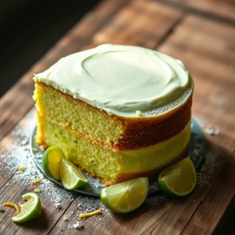 A two-layer light green lime cake topped with smooth creamy frosting, placed on a wooden surface, surrounded by lime wedges and powdered sugar.