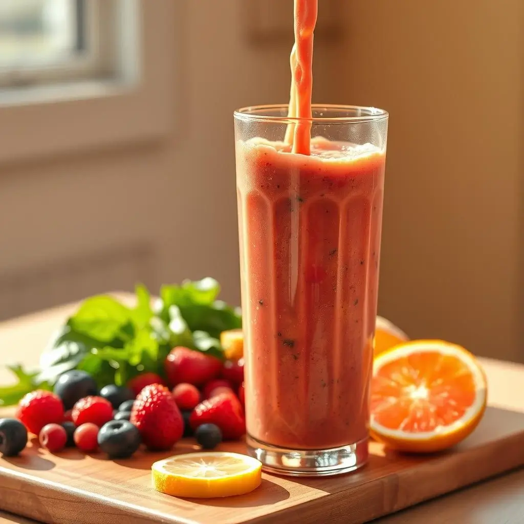 pulp smoothie nutrition A glass of freshly poured smoothie surrounded by various fruits and greens on a wooden cutting board.